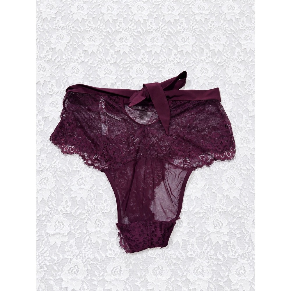 Anthropologie Burgundy Floral Lace Sheer High Waist Bow Back Panties Lingerie M
